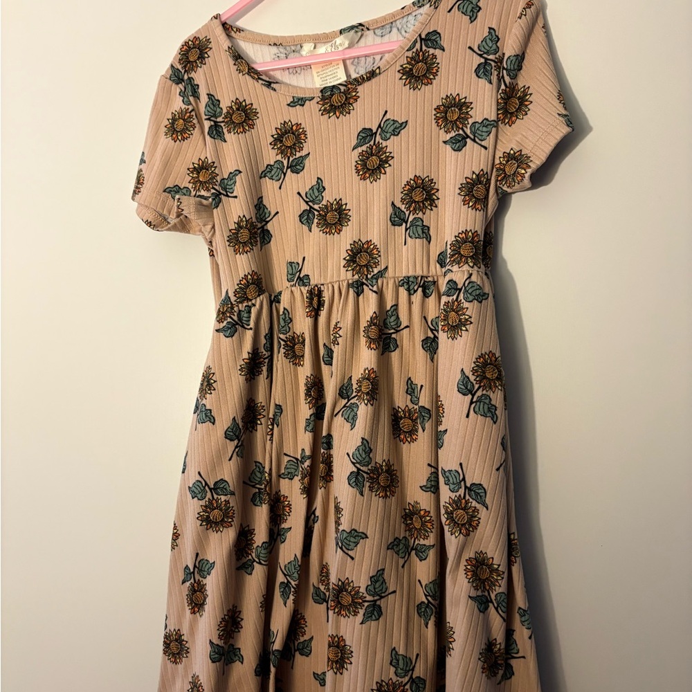 Floral Sunflower Kids Dress - Tan